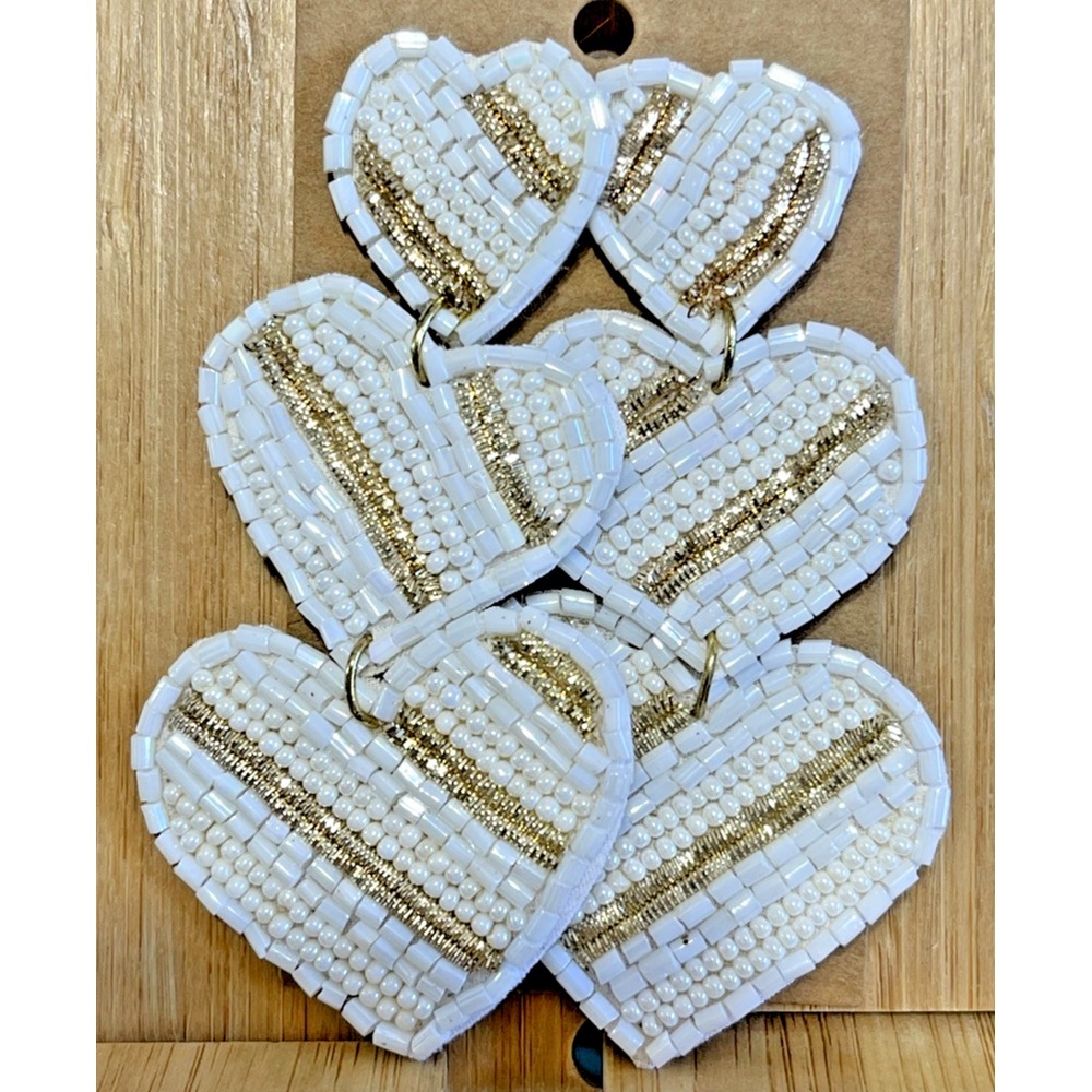 VALENTINES DAY 3 HEARTS GOLD AND WHITE SEED BEAD DANGLE EARRINGS